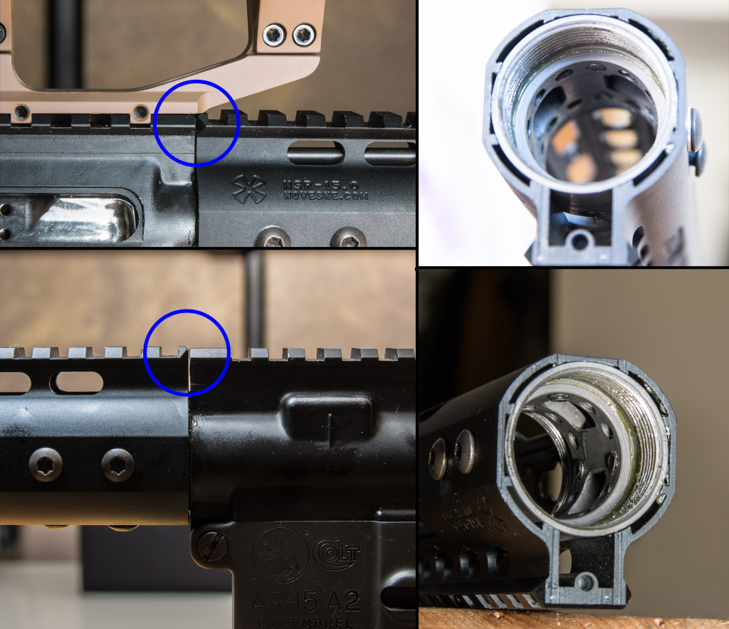 left: Rail is not in same plane with Upper Receiver, Right: mounting screws with and without spacers